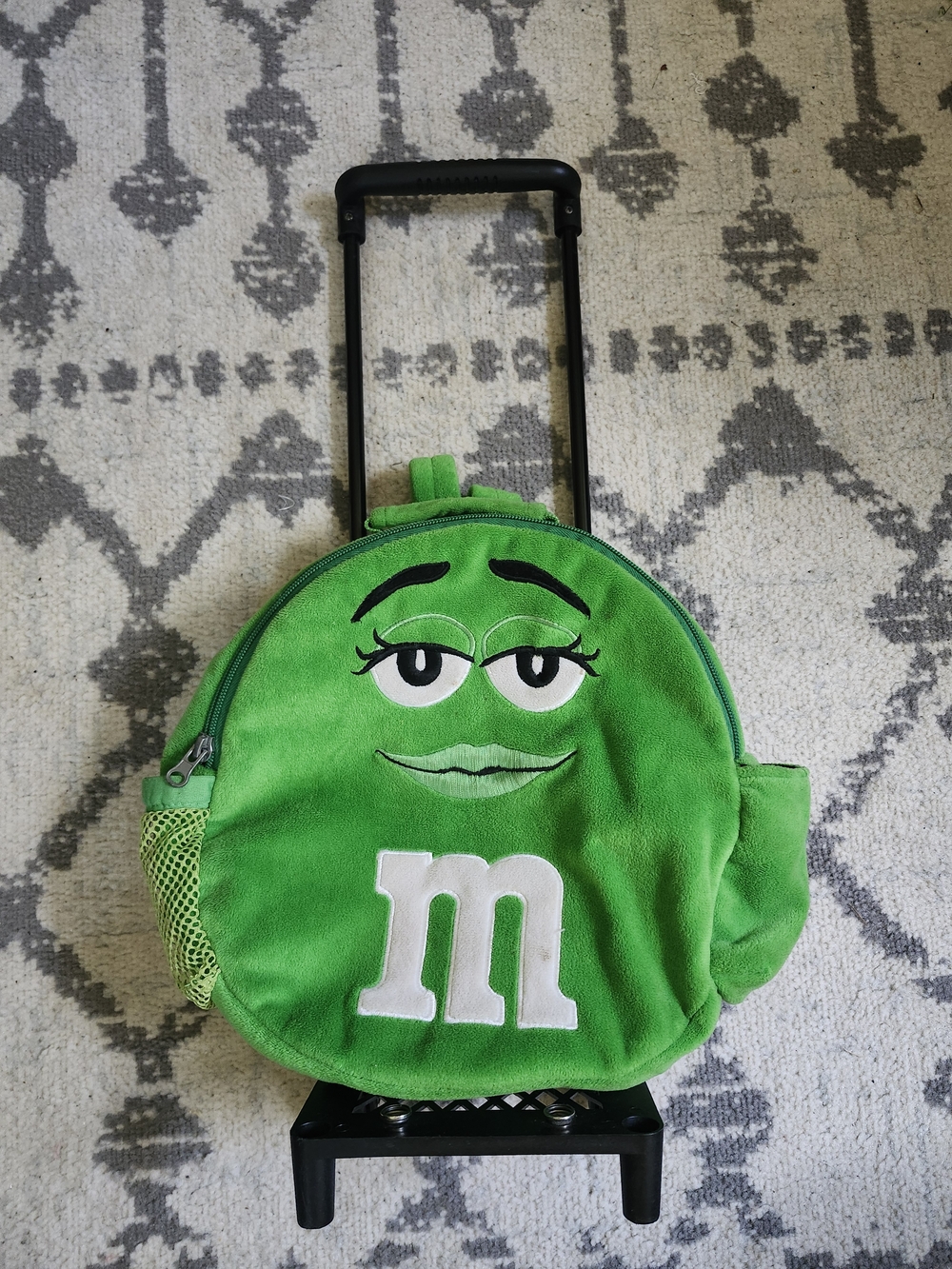 M&M'S Green Plush Round Rolling Backpack With Character Face